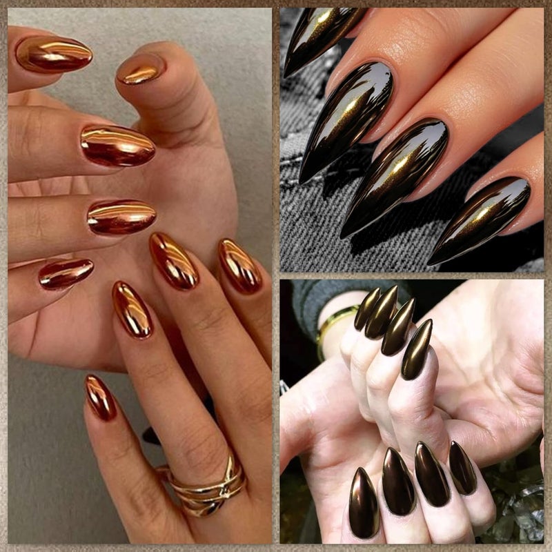 Fokostar 2Pcs Brown Copper Chrome Nail Powder Kit for Nails Shimmer Metallic Mirror Effect Orange Gold Glitter Pigment Dust Fall Dark Brown Copper Chrome Powder for Gel Nails Polish Design with Tools - Image 4